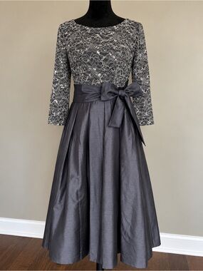 Jessica Howard Charcoal Gray Lace & Taffeta Midi Dress Sz 12